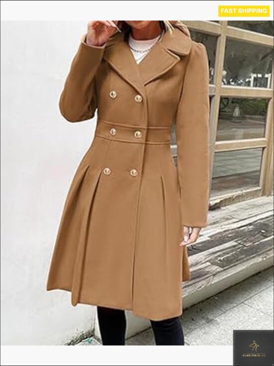 Double Breasted Wool Blend Pea Coat Notch Lapel A-Line Flared Elegant Classic - Picture 2 of 5